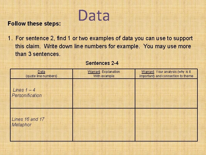 Follow these steps: Data 1. For sentence 2, find 1 or two examples of Follow these steps: Data 1. For sentence 2, find 1 or two examples of