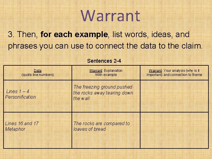 Warrant 3. Then, for each example, list words, ideas, and phrases you can use Warrant 3. Then, for each example, list words, ideas, and phrases you can use