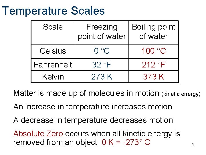 Temperature Scales Scale Freezing Boiling point of water Celsius 0 °C 100 °C Fahrenheit