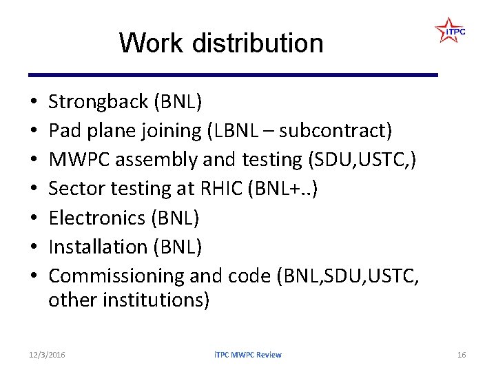 Work distribution • • Strongback (BNL) Pad plane joining (LBNL – subcontract) MWPC assembly Work distribution • • Strongback (BNL) Pad plane joining (LBNL – subcontract) MWPC assembly