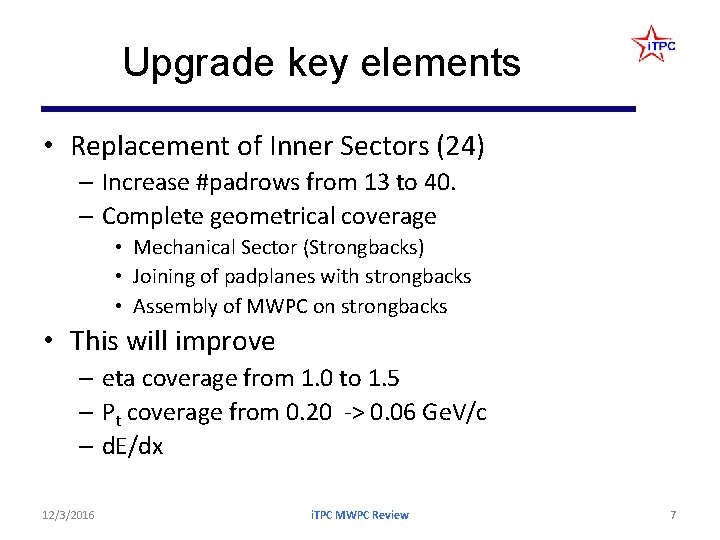 Upgrade key elements • Replacement of Inner Sectors (24) – Increase #padrows from 13 Upgrade key elements • Replacement of Inner Sectors (24) – Increase #padrows from 13