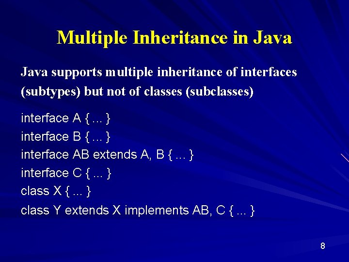 Multiple Inheritance in Java supports multiple inheritance of interfaces (subtypes) but not of classes