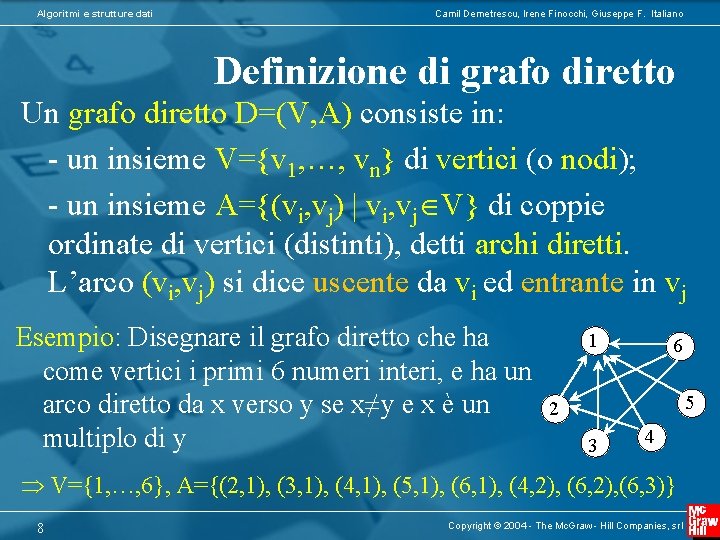 Algoritmi e strutture dati Camil Demetrescu, Irene Finocchi, Giuseppe F. Italiano Definizione di grafo