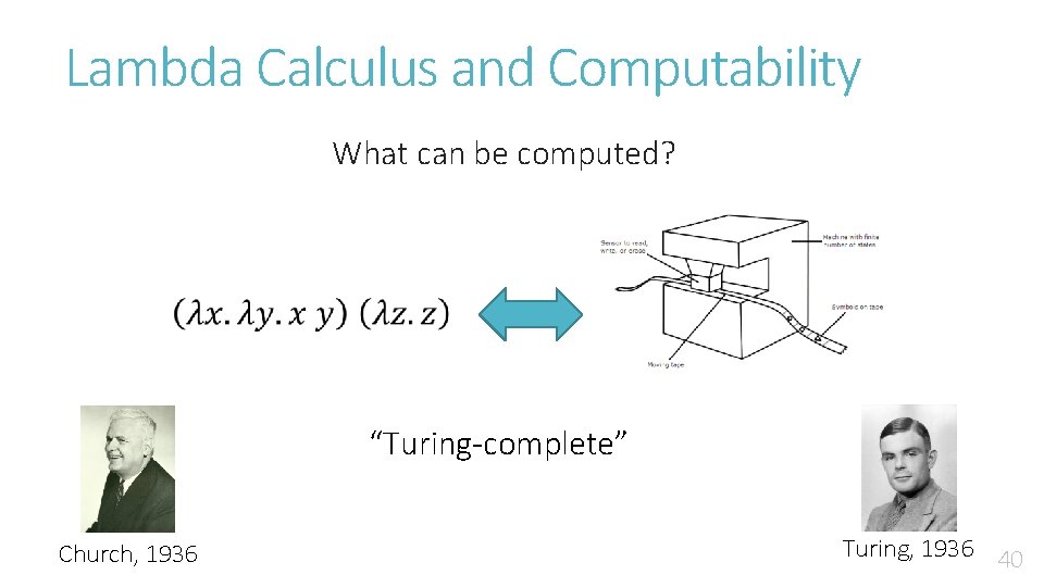 Lambda Calculus and Computability What can be computed? “Turing-complete” Church, 1936 Turing, 1936 40