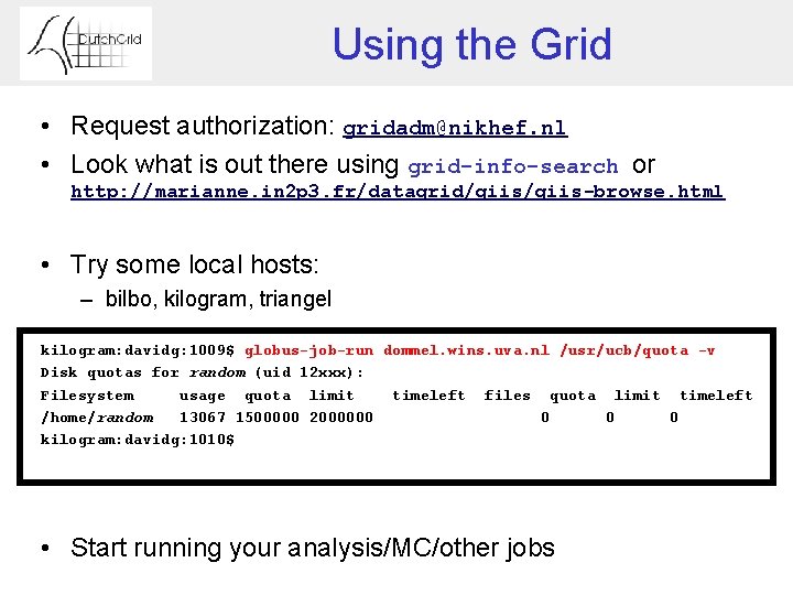 Using the Grid • Request authorization: gridadm@nikhef. nl • Look what is out there