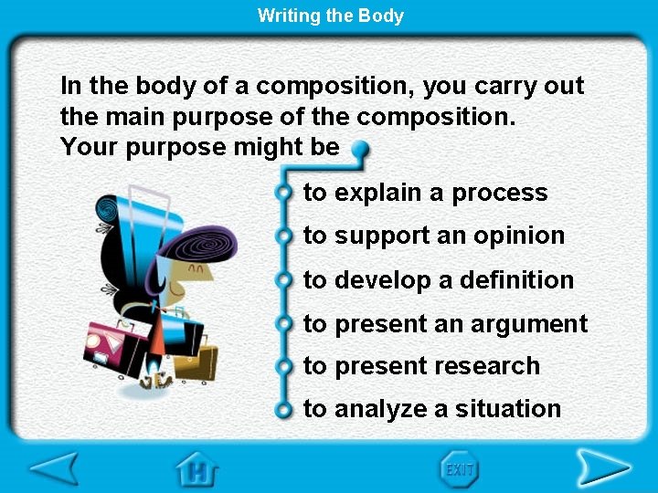 Writing the Body In the body of a composition, you carry out the main