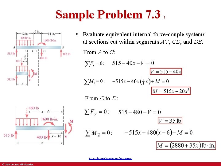 Sample Problem 7. 3 3 • Evaluate equivalent internal force-couple systems at sections cut