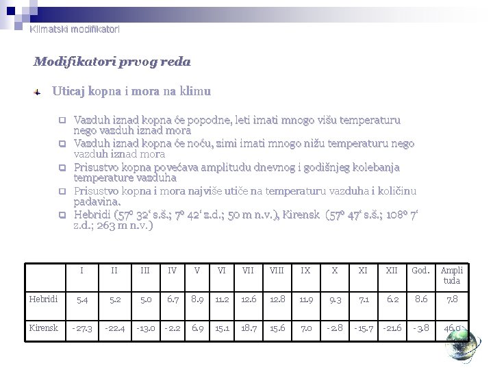 Klimatski modifikatori Modifikatori prvog reda Uticaj kopna i mora na klimu q q q