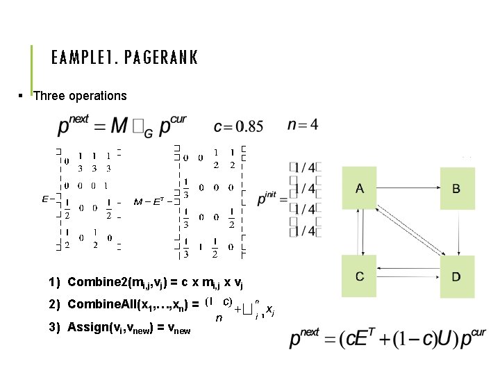 EAMPLE 1. PAGERANK § Three operations 1) Combine 2(mi, j, vj) = c x