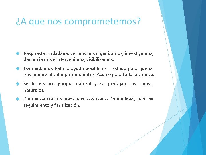 ¿A que nos comprometemos? Respuesta ciudadana: vecinos organizamos, investigamos, denunciamos e intervenimos, visibilizamos. Demandamos