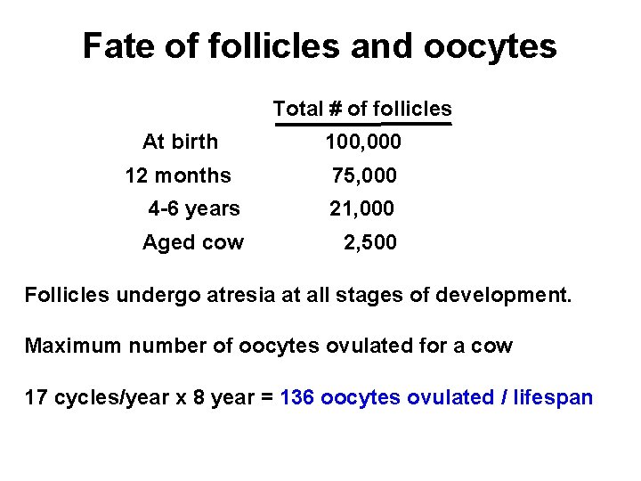 Fate of follicles and oocytes Total # of follicles At birth 100, 000 12