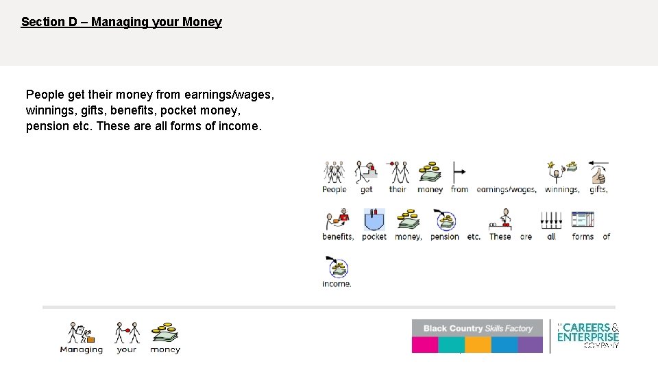 Section D – Managing your Money People get their money from earnings/wages, winnings, gifts,