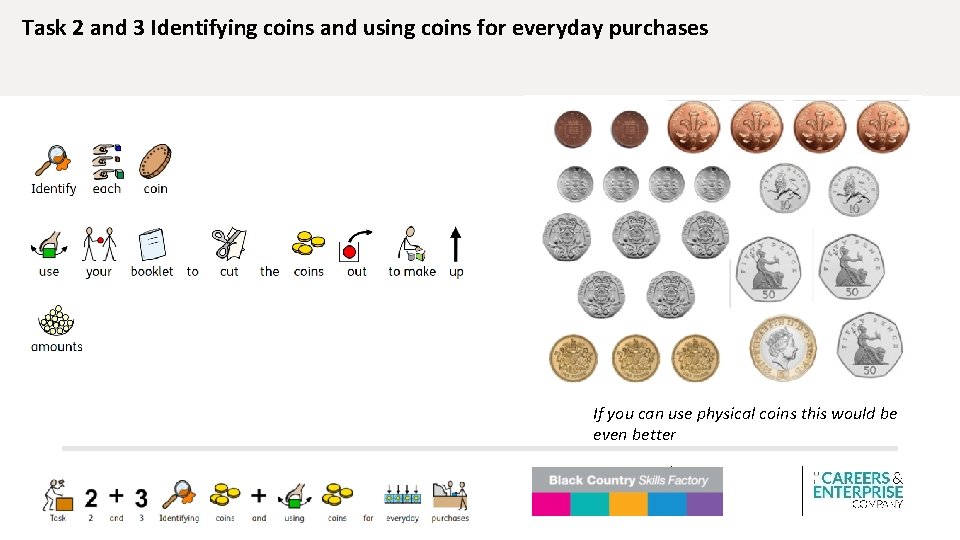 Task 2 and 3 Identifying coins and using coins for everyday purchases If you