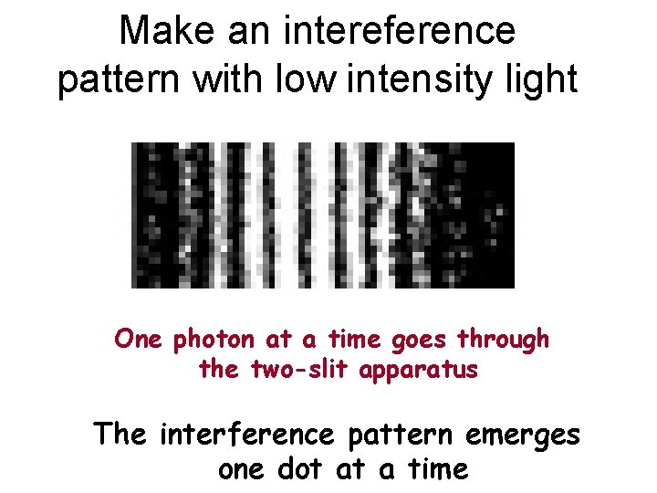 Make an intereference pattern with low intensity light One photon at a time goes