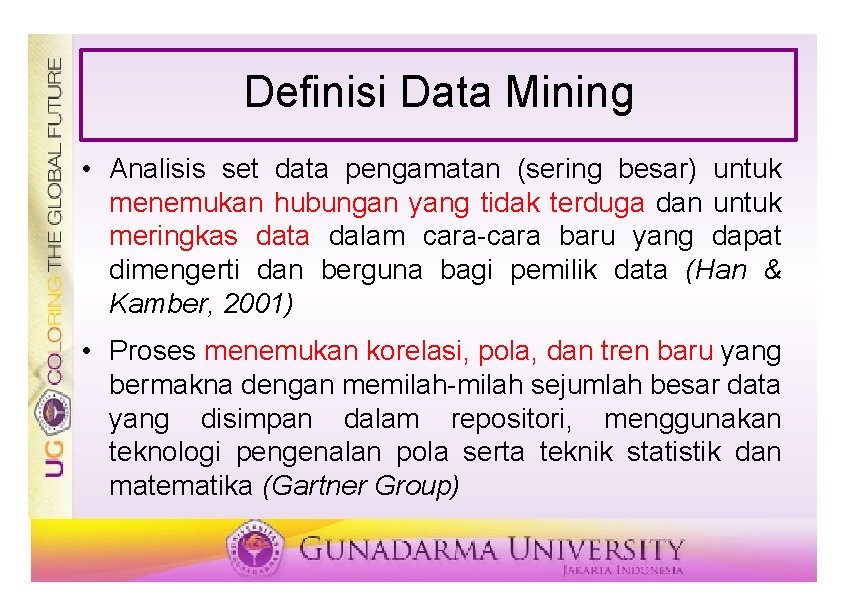 Definisi Data Mining • Analisis set data pengamatan (sering besar) untuk menemukan hubungan yang