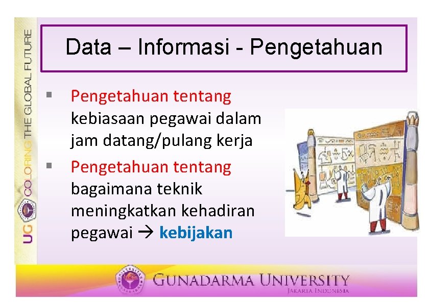 Data – Informasi - Pengetahuan § Pengetahuan tentang kebiasaan pegawai dalam jam datang/pulang kerja