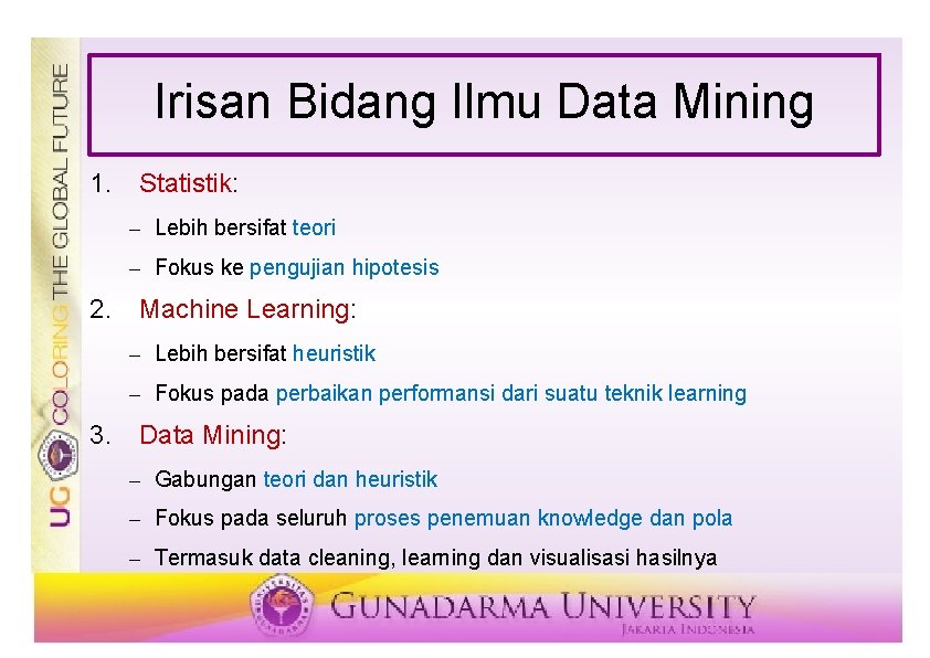 Irisan Bidang Ilmu Data Mining 1. Statistik: – Lebih bersifat teori – Fokus ke