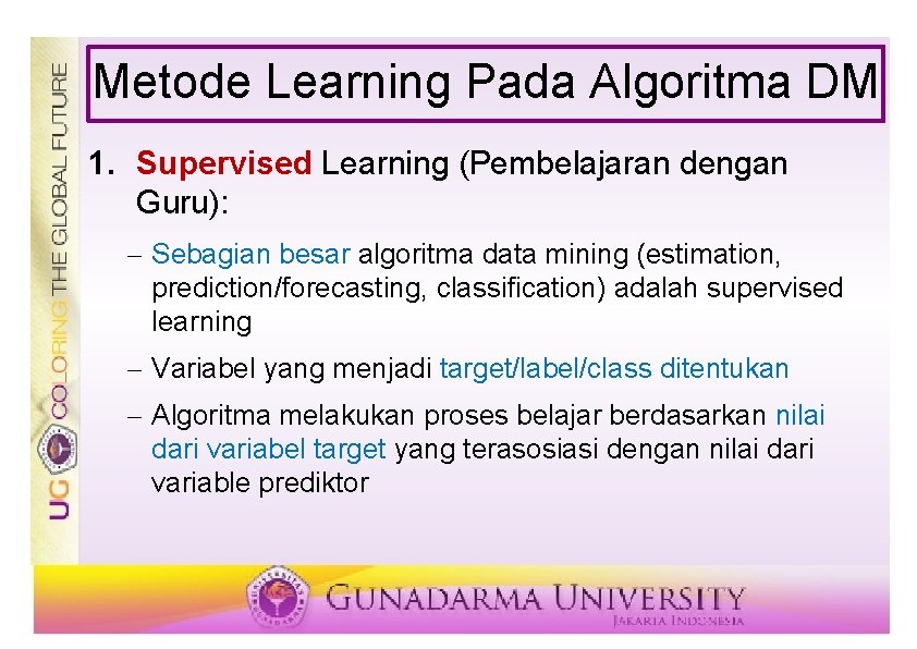 Metode Learning Pada Algoritma DM 1. Supervised Learning (Pembelajaran dengan Guru): – Sebagian besar