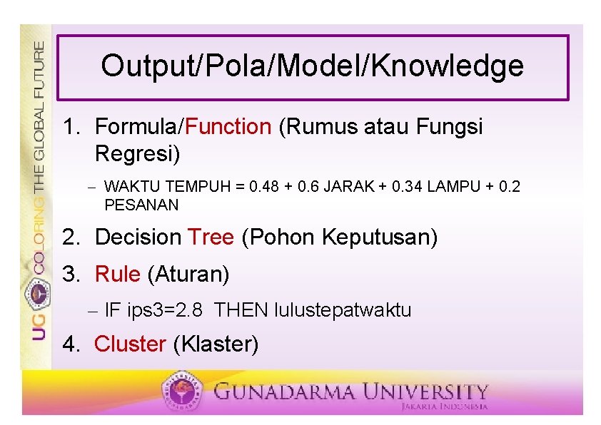 Output/Pola/Model/Knowledge 1. Formula/Function (Rumus atau Fungsi Regresi) – WAKTU TEMPUH = 0. 48 +