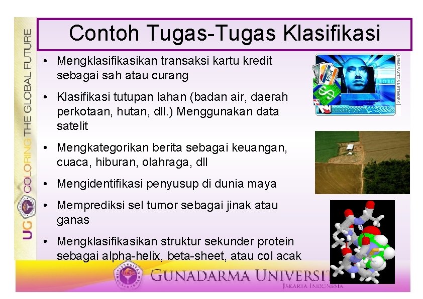Contoh Tugas-Tugas Klasifikasi • Mengklasifikasikan transaksi kartu kredit sebagai sah atau curang • Klasifikasi