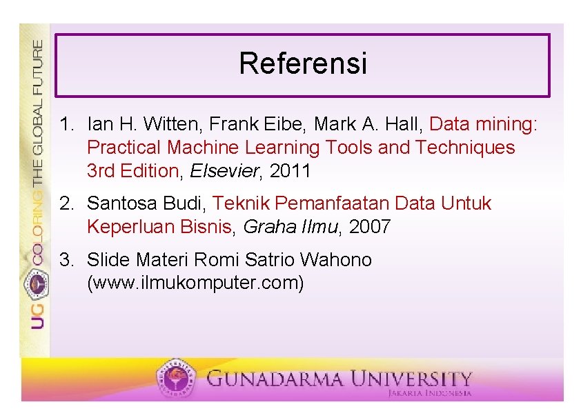 Referensi 1. Ian H. Witten, Frank Eibe, Mark A. Hall, Data mining: Practical Machine