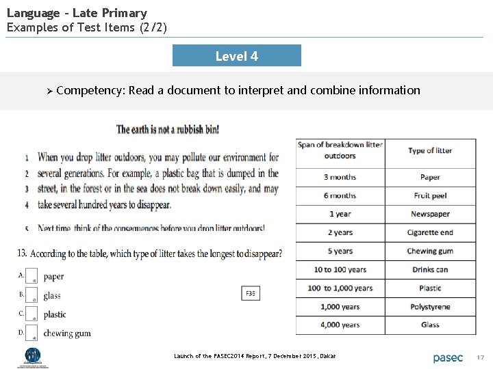 Language – Late Primary Examples of Test Items (2/2) Level 4 Ø Competency: Read