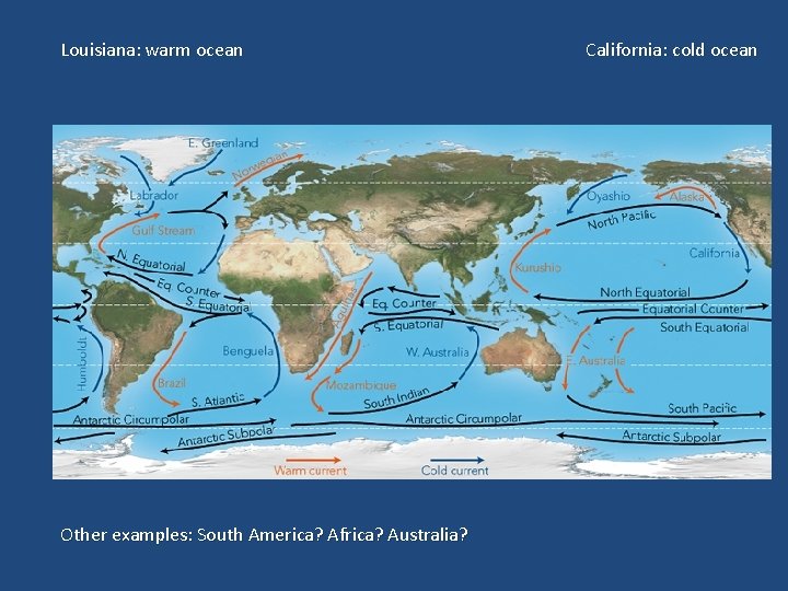 Louisiana: warm ocean Other examples: South America? Africa? Australia? California: cold ocean 