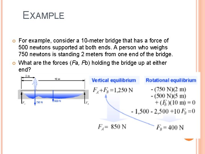 EXAMPLE For example, consider a 10 -meter bridge that has a force of 500