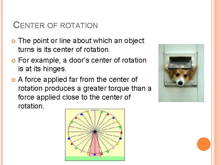 CENTER OF ROTATION The point or line about which an object turns is its