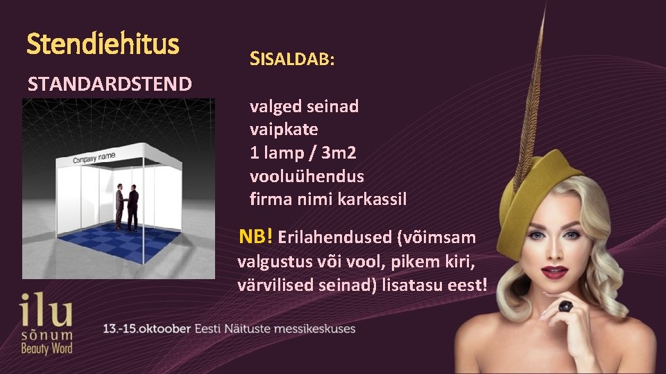 Stendiehitus STANDARDSTEND SISALDAB: valged seinad vaipkate 1 lamp / 3 m 2 vooluühendus firma