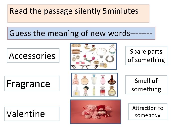 Read the passage silently 5 miniutes Guess the meaning of new words---- Accessories Spare