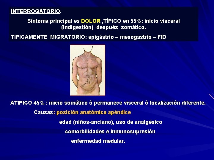 INTERROGATORIO. Síntoma principal es DOLOR , TÍPICO en 55%: inicio visceral (indigestión) después somático.