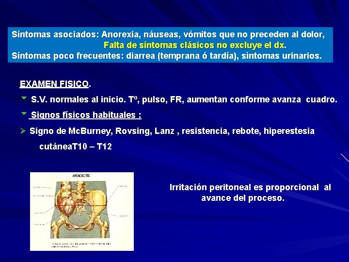 Síntomas asociados: Anorexia, náuseas, vómitos que no preceden al dolor, Falta de síntomas clásicos