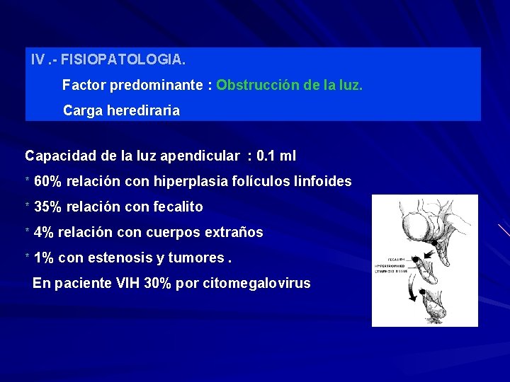 IV. - FISIOPATOLOGIA. Factor predominante : Obstrucción de la luz. Carga herediraria Capacidad de