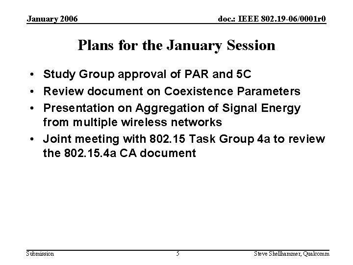 January 2006 doc. : IEEE 802. 19 -06/0001 r 0 Plans for the January