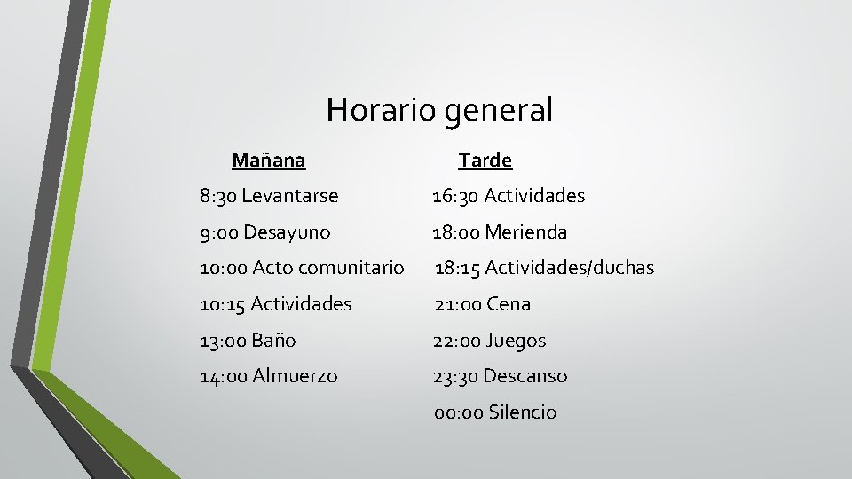 Horario general Mañana Tarde 8: 30 Levantarse 16: 30 Actividades 9: 00 Desayuno 18: