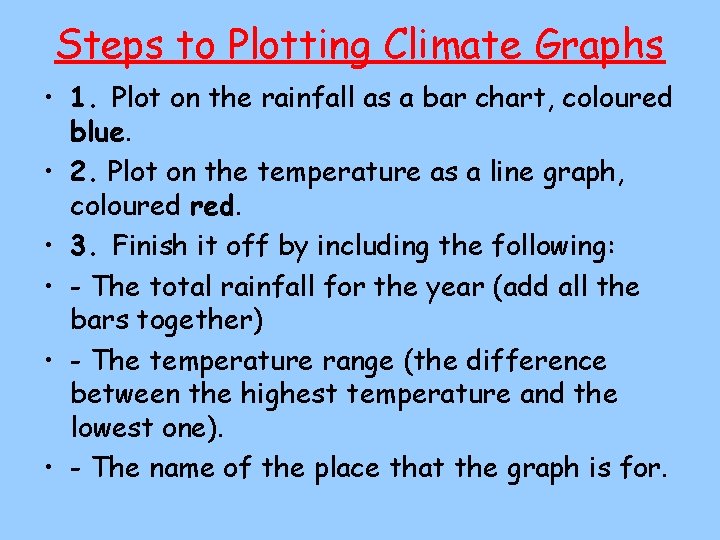 Steps to Plotting Climate Graphs • 1. Plot on the rainfall as a bar