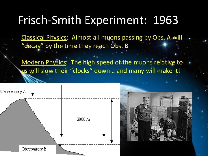 Frisch-Smith Experiment: 1963 Classical Physics: Almost all muons passing by Obs. A will “decay”