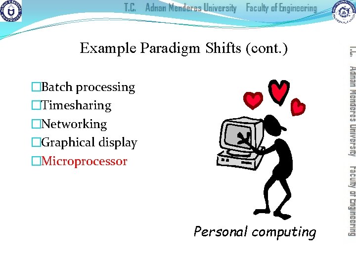 Example Paradigm Shifts (cont. ) �Batch processing �Timesharing �Networking �Graphical display �Microprocessor Personal computing