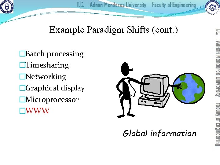 Example Paradigm Shifts (cont. ) �Batch processing �Timesharing �Networking �Graphical display �Microprocessor �WWW Global