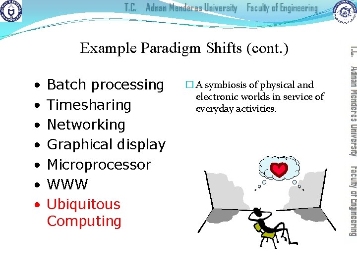 Example Paradigm Shifts (cont. ) • • Batch processing Timesharing Networking Graphical display Microprocessor