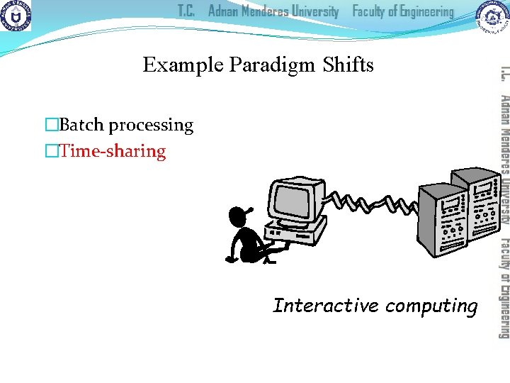 Example Paradigm Shifts �Batch processing �Time-sharing Interactive computing 