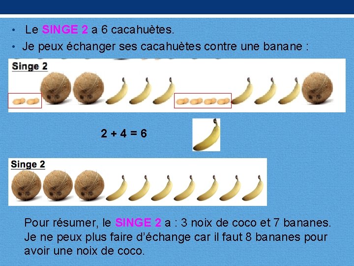  • Le SINGE 2 a 6 cacahuètes. • Je peux échanger ses cacahuètes