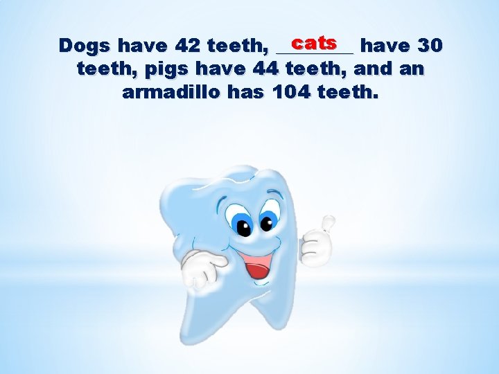 cats have 30 Dogs have 42 teeth, ____ teeth, pigs have 44 teeth, and