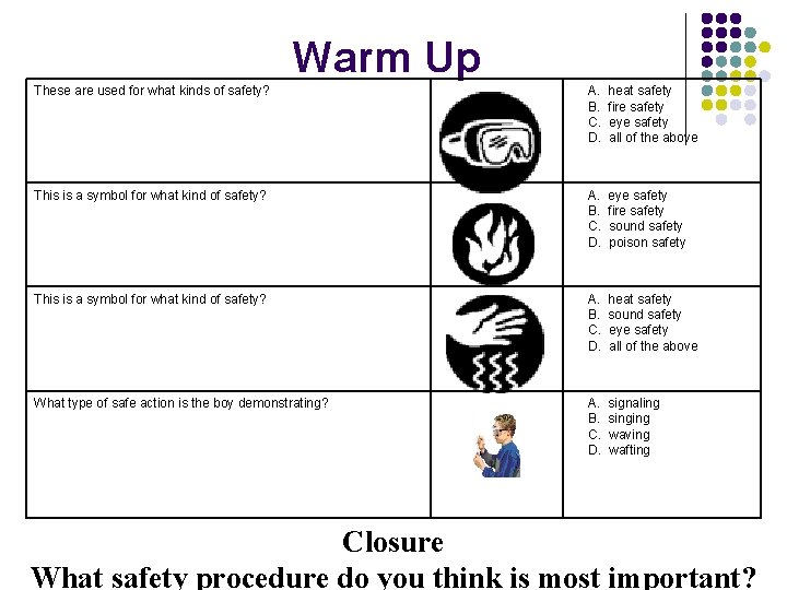 Warm Up These are used for what kinds of safety? A. B. C. D.