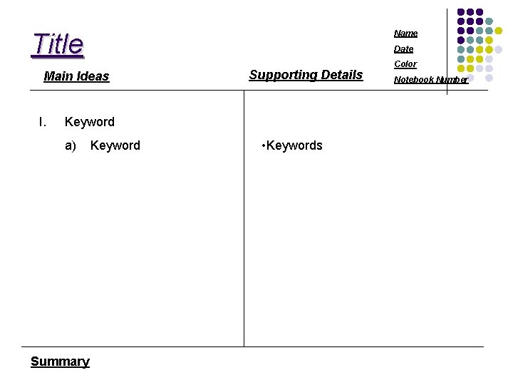 Title Name Date Main Ideas I. Supporting Details Keyword a) Summary Keyword • Keywords