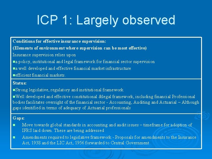 ICP 1: Largely observed Conditions for effective insurance supervision: (Elements of environment where supervision