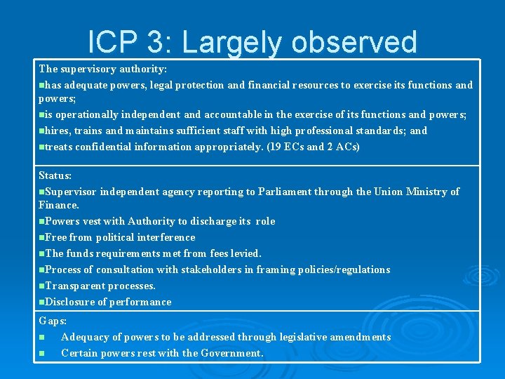 ICP 3: Largely observed The supervisory authority: nhas adequate powers, legal protection and financial