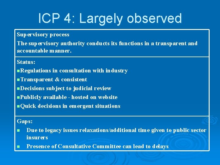 ICP 4: Largely observed Supervisory process The supervisory authority conducts its functions in a