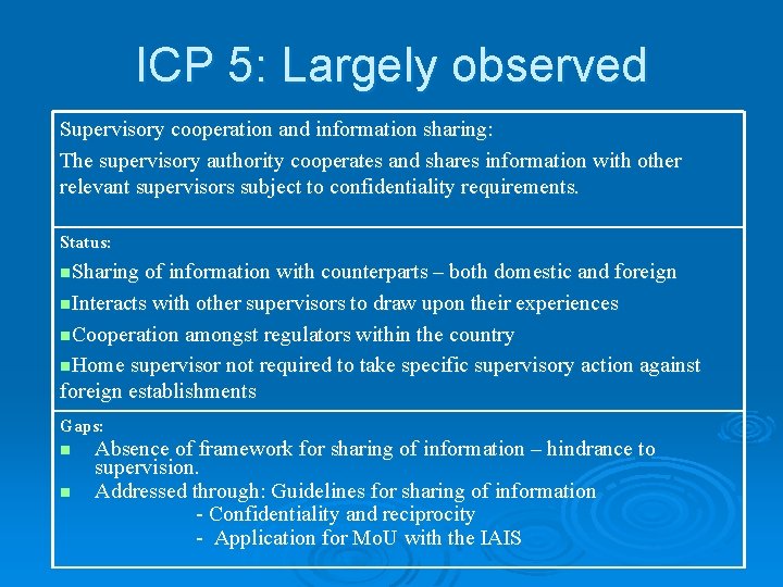 ICP 5: Largely observed Supervisory cooperation and information sharing: The supervisory authority cooperates and